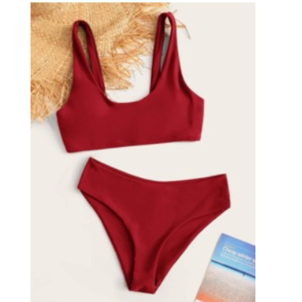 NWT Plain Red Scoop Neck Bikini Swimsuit